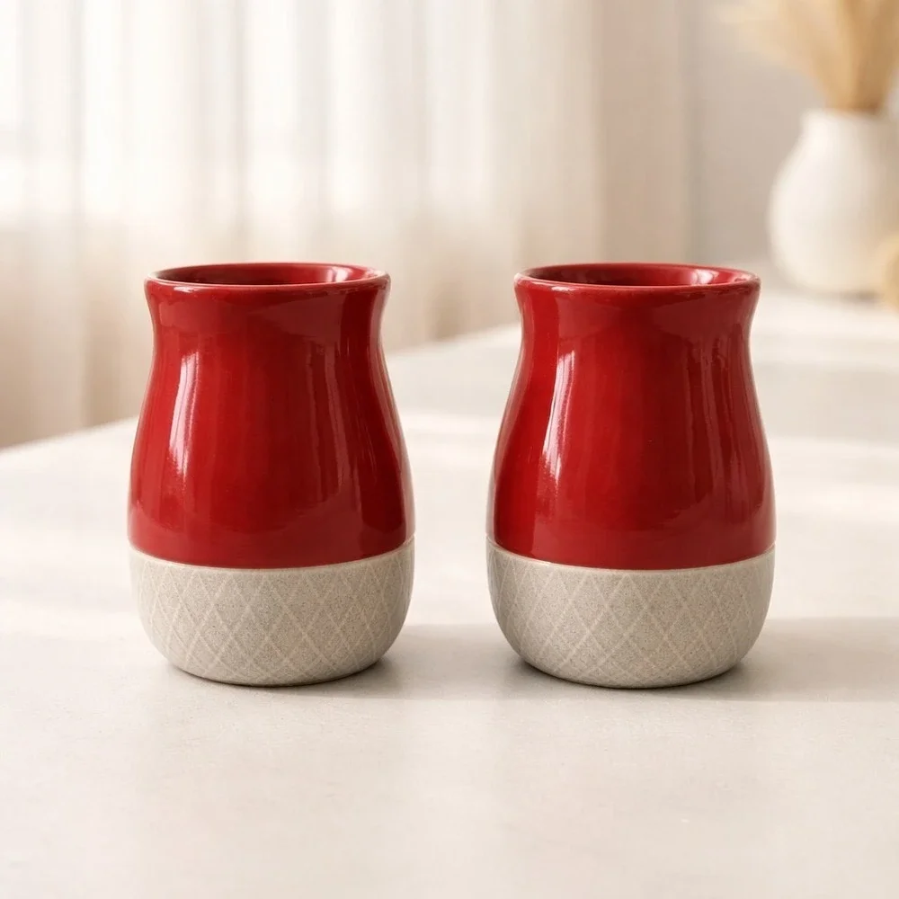 Unmarked/Unbranded Set Of Ceramic Red Tan Basket Weave Kitchen Canister/Vases